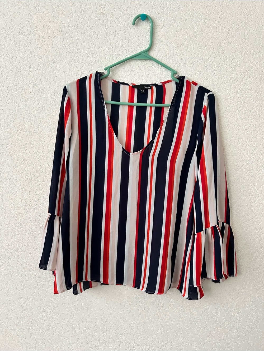 Etam Red Navy White Striped V-Neck Bell Sleeve Top